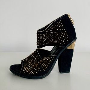 Dolce Vita Black Suede Studded Block Heel Sandals with Gold Accents
